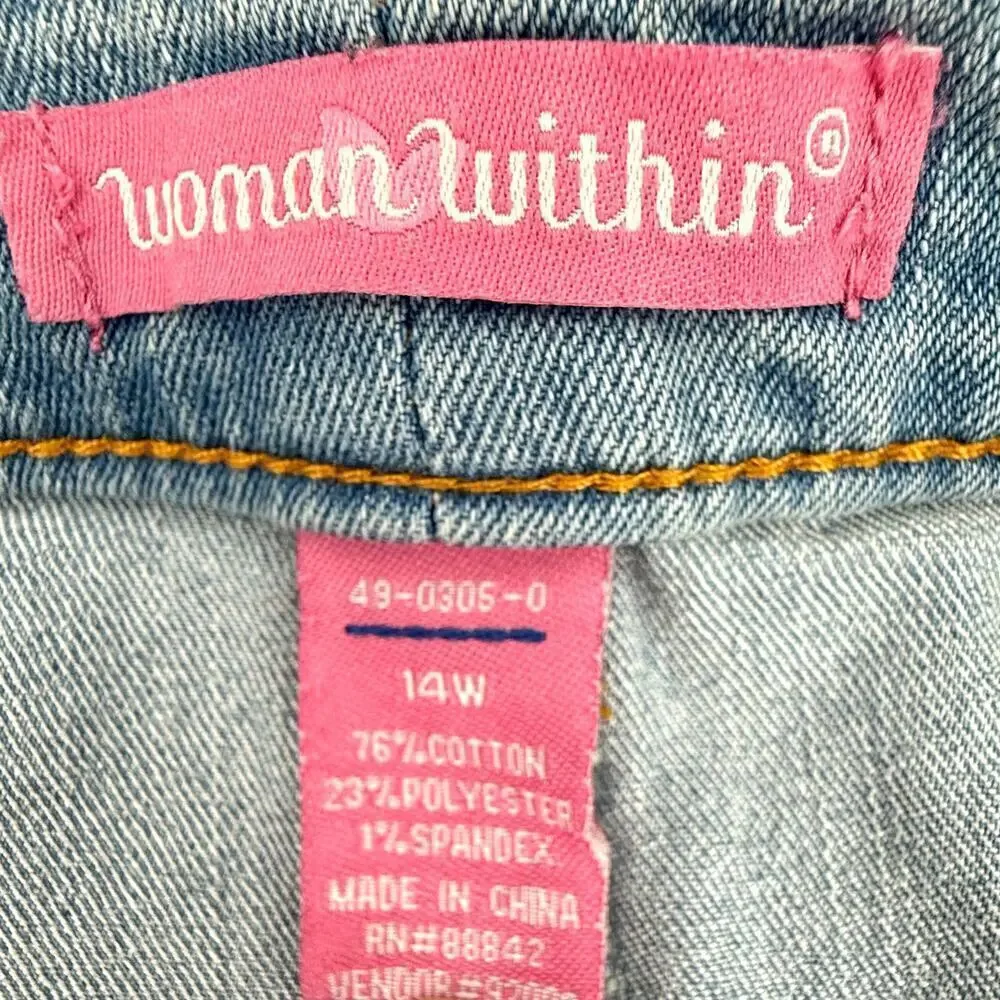 VTG Woman Within Brass Button Front Knee Length A-Line Faded Jean Skirt Size 14W